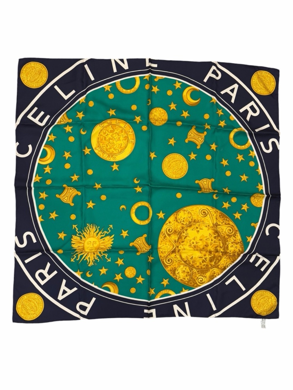 Celine Green & Navy Silk Scarf with Gold Celestial Medallions - Picture 1 of 5